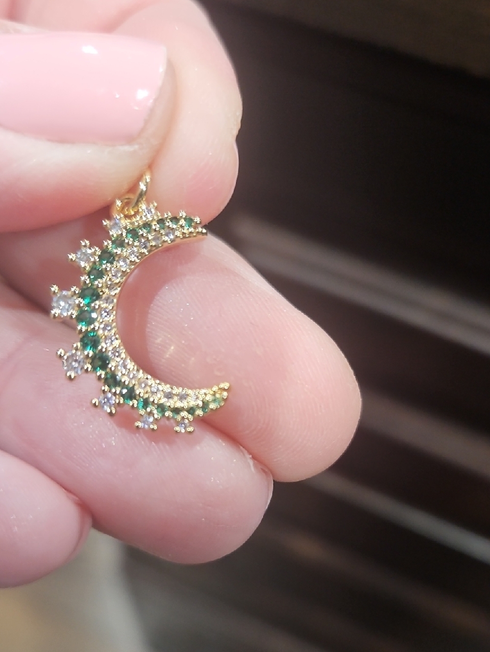 Gold Crescent Moon Pendant with Green & Clear Stones